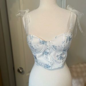SHEIN Blue and White Floral Bustier-Lace up Back S